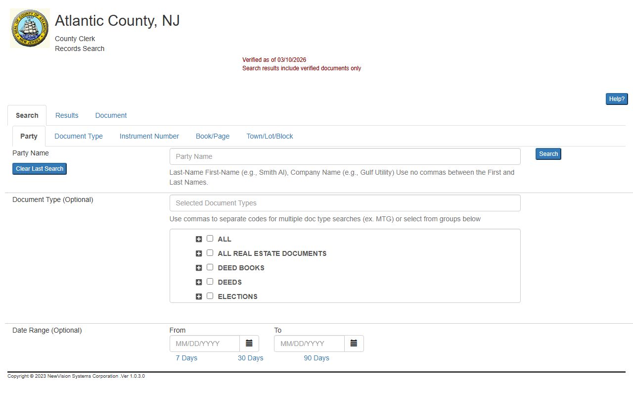 Atlantic County Clerk's Office online land records search portal for property tax records
