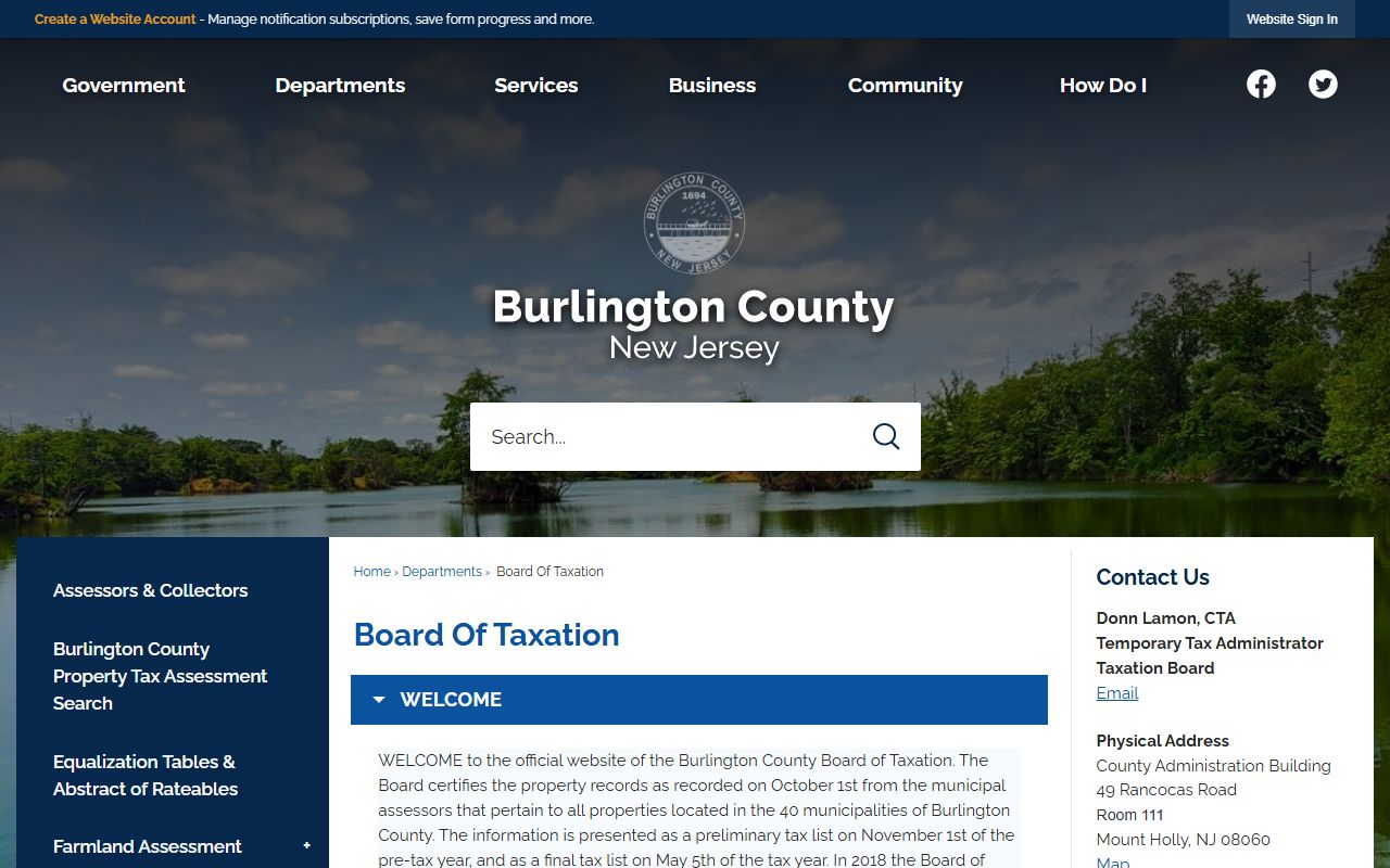 Burlington County Board of Taxation website for property tax records