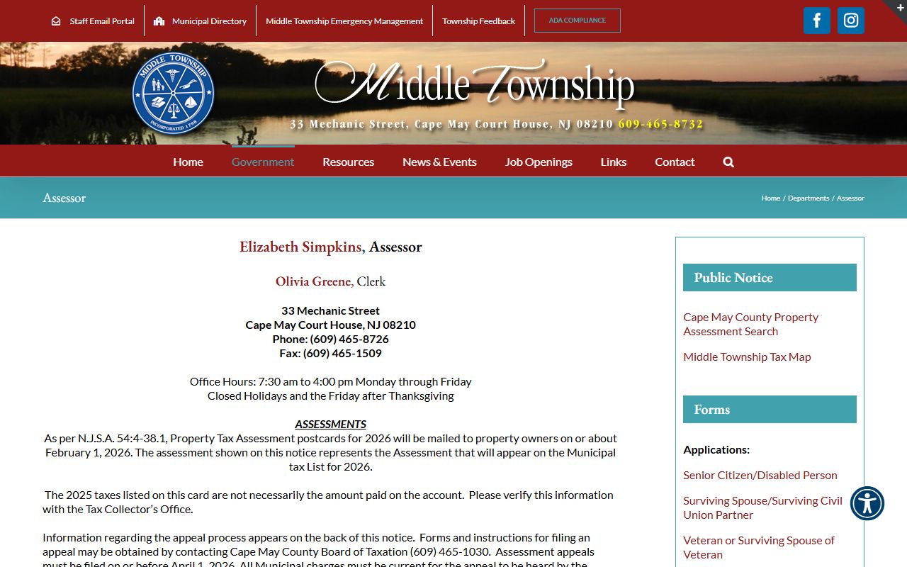 Middle Township tax assessor office property records page