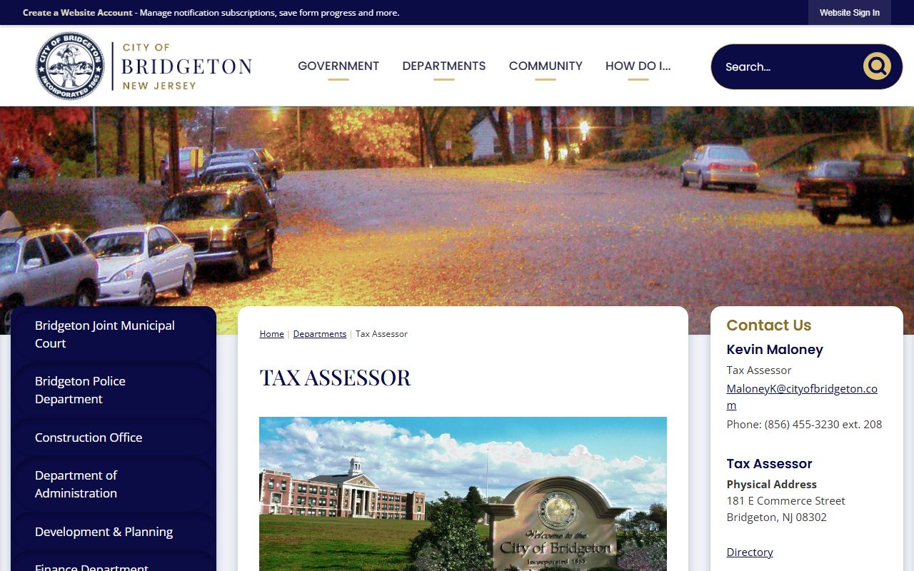 City of Bridgeton Tax Assessor page for Cumberland County property tax records