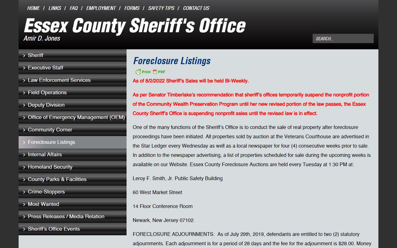 Essex County Sheriff's Office foreclosure listings page