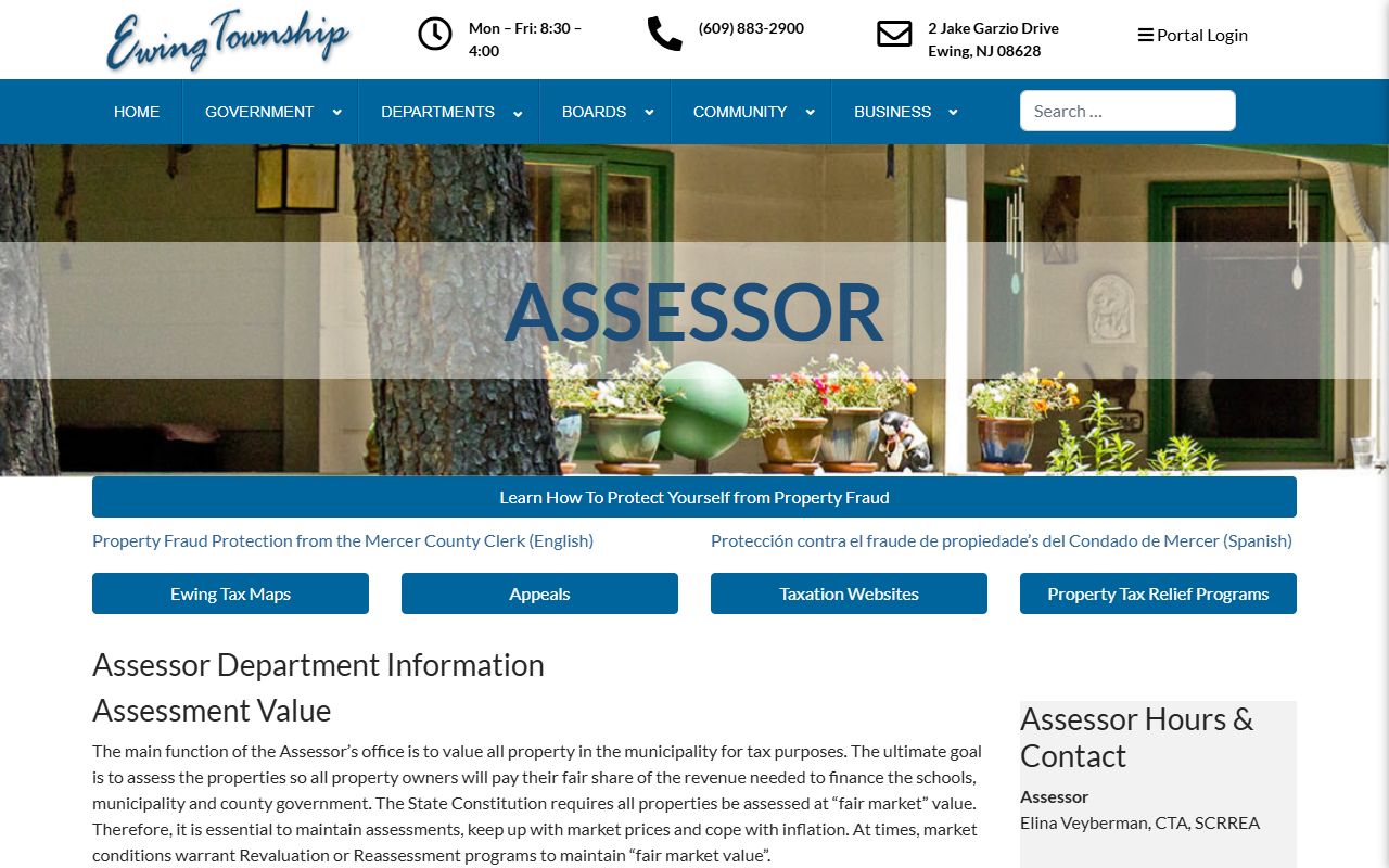 Ewing Township Tax Assessor page with links to Mercer County property tax records and assessment resources