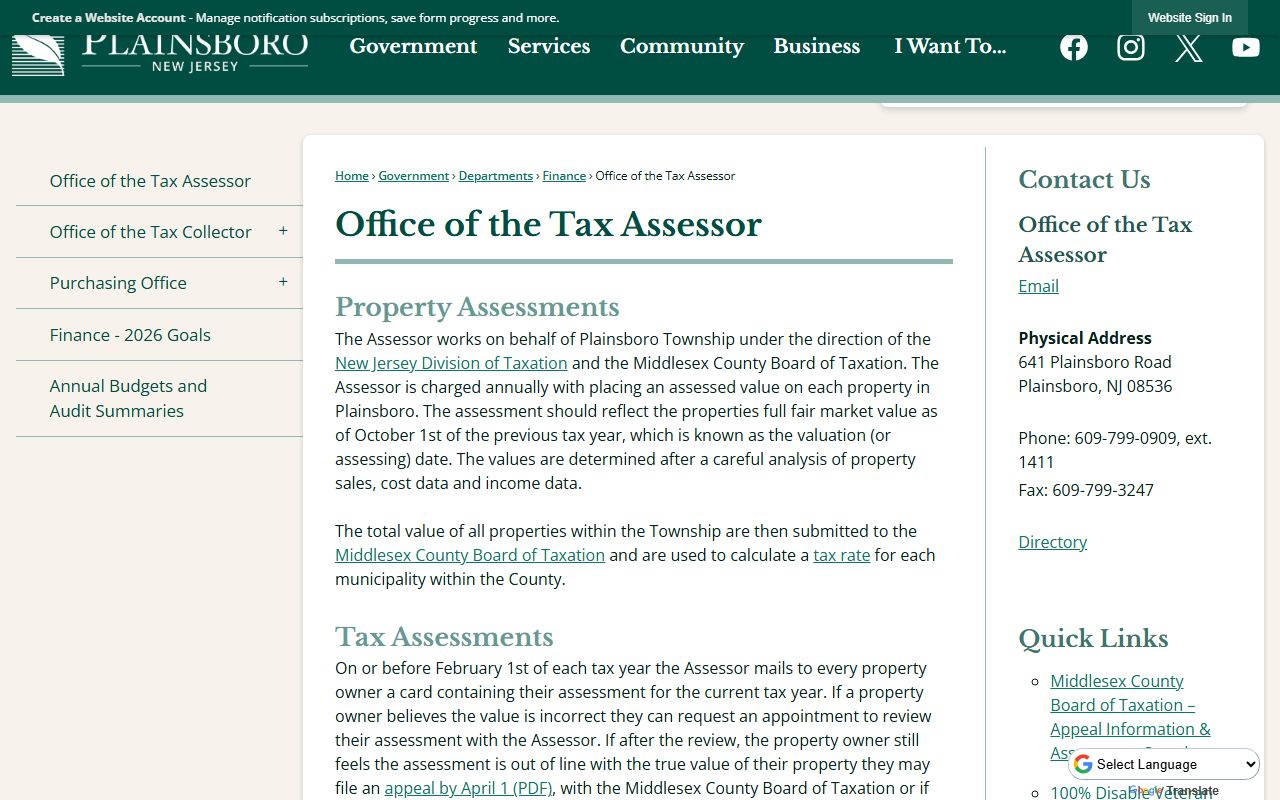 Plainsboro Township tax assessor office page for Middlesex County property tax records