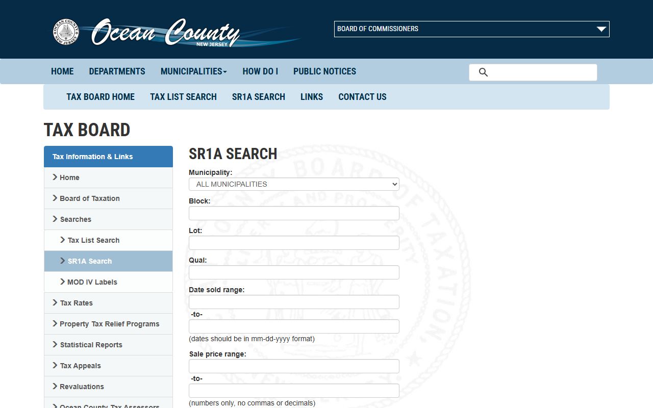 SR1A sales search tool for Monmouth County property tax records