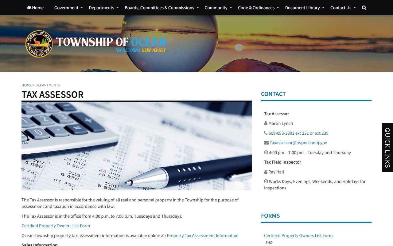 Ocean Township Tax Assessor office page for Monmouth County property tax records