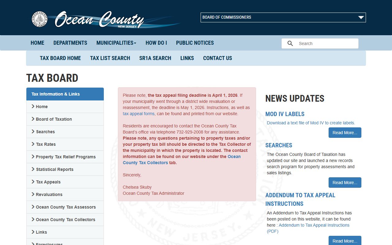 Ocean County Board of Taxation website for property tax records