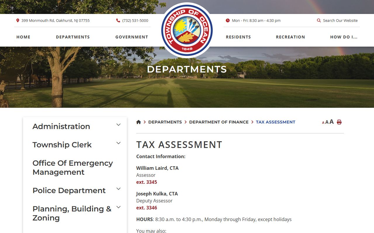Ocean Township Tax Assessor office page for property assessments