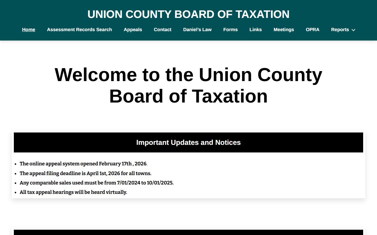 Union County Board of Taxation website for property tax records