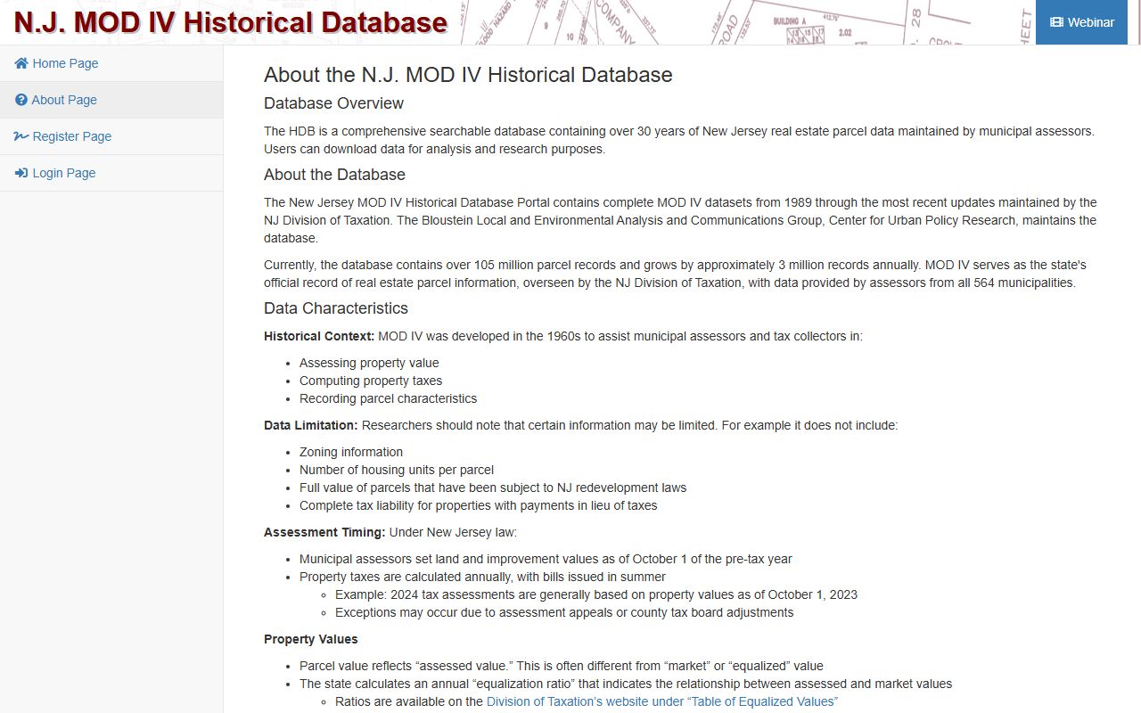 Rutgers MOD IV Historical Database for New Jersey property tax records