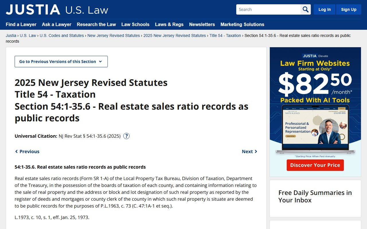 New Jersey property tax statutes on Justia for real estate tax records